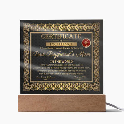 Best Boyfriend's Mom Certificate of Excellence Mother's Day Acrylic Plaque - Mallard Moon Gift Shop