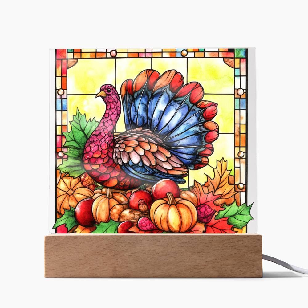 Thanksgiving Turkey Stained-glass Acrylic Square LED Lighted Wooden Base - Mallard Moon Gift Shop