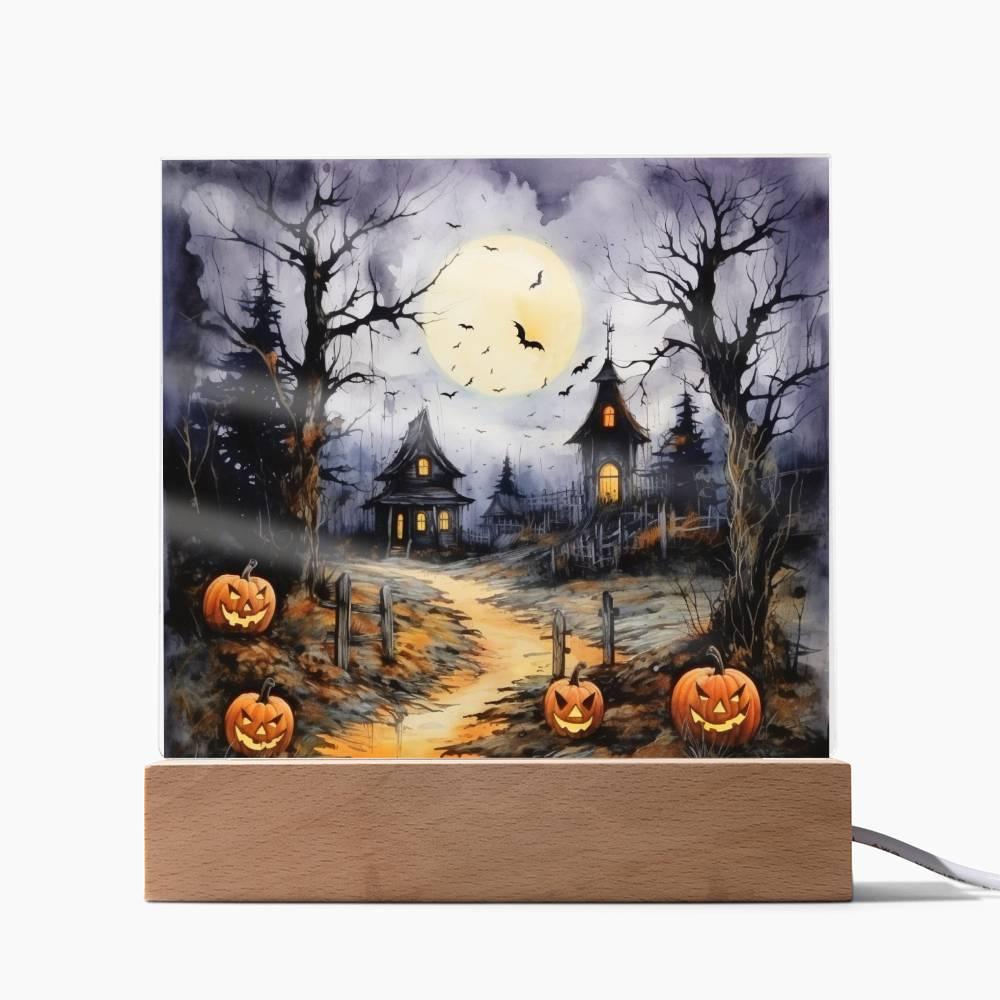 Halloween Haunt: Detailed Mansion Acrylic Plaque with LED Lighted Wooden Base - Mallard Moon Gift Shop