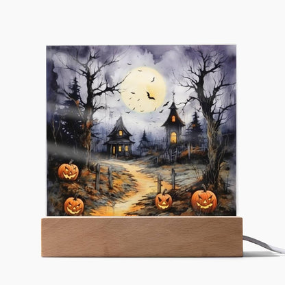 Halloween Haunt: Detailed Mansion Acrylic Plaque with LED Lighted Wooden Base - Mallard Moon Gift Shop