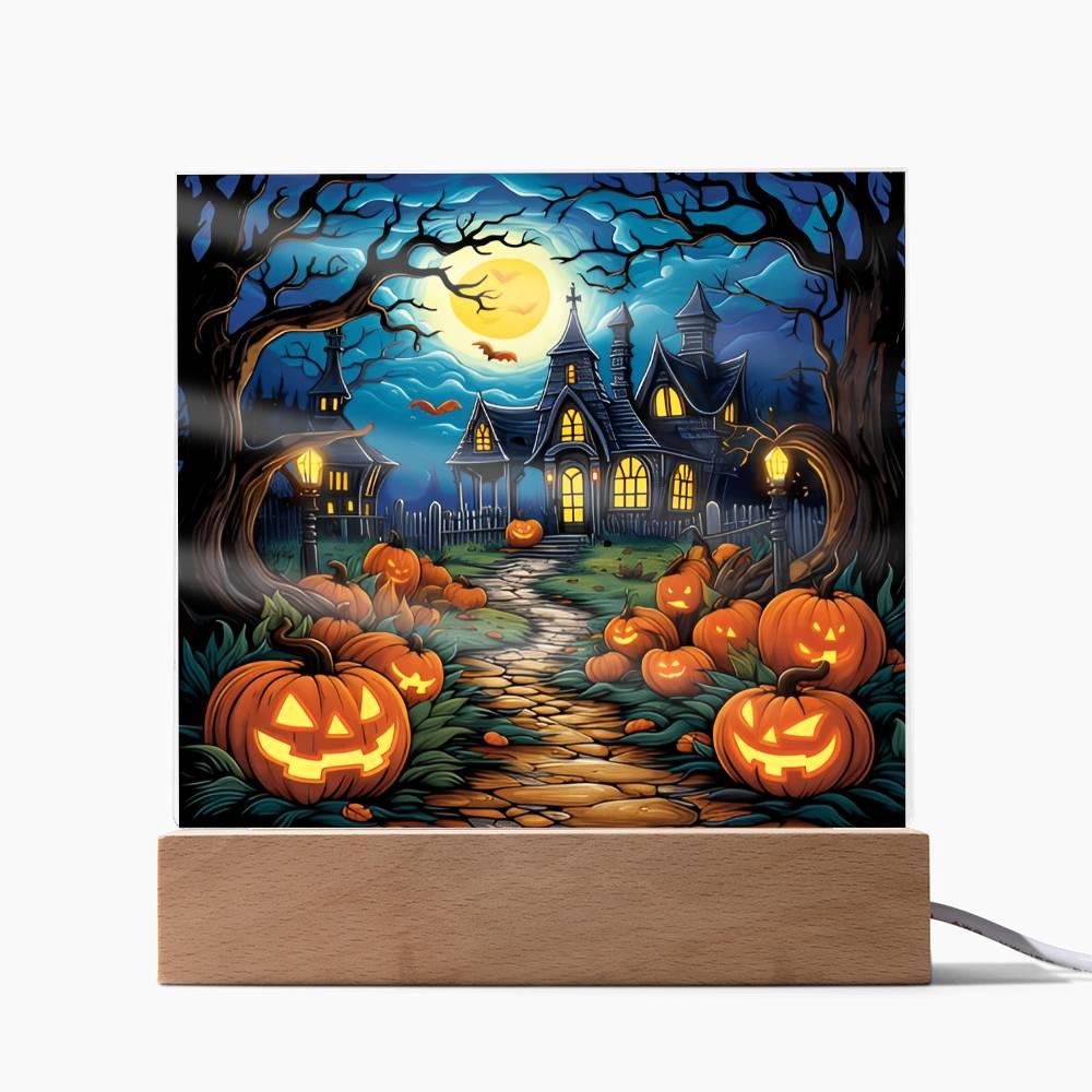 Halloween Decor Haunted Mansion Acrylic Square Plaque with LED Wooden Base - Mallard Moon Gift Shop