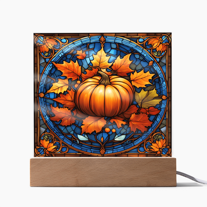 Stained Glass Pumpkin Acrylic Plaque – Elegant Thanksgiving Home Décor | Fall Harvest LED Light Display