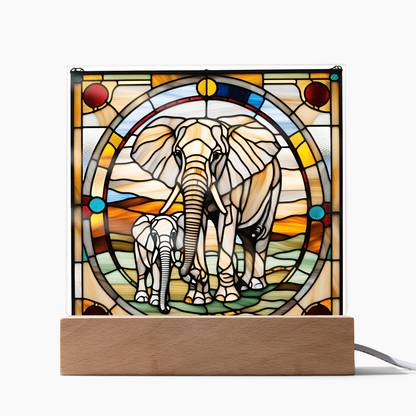 Elephant Mother and Baby Calf - Stained Glass Style LED Acrylic Plaque – A Symbol of Strength, Love, and Family - Mallard Moon Gift Shop