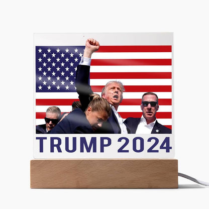 Trump 2024 Butler Rally Acrylic Plaque with LED Lighted Wooden Base - Mallard Moon Gift Shop