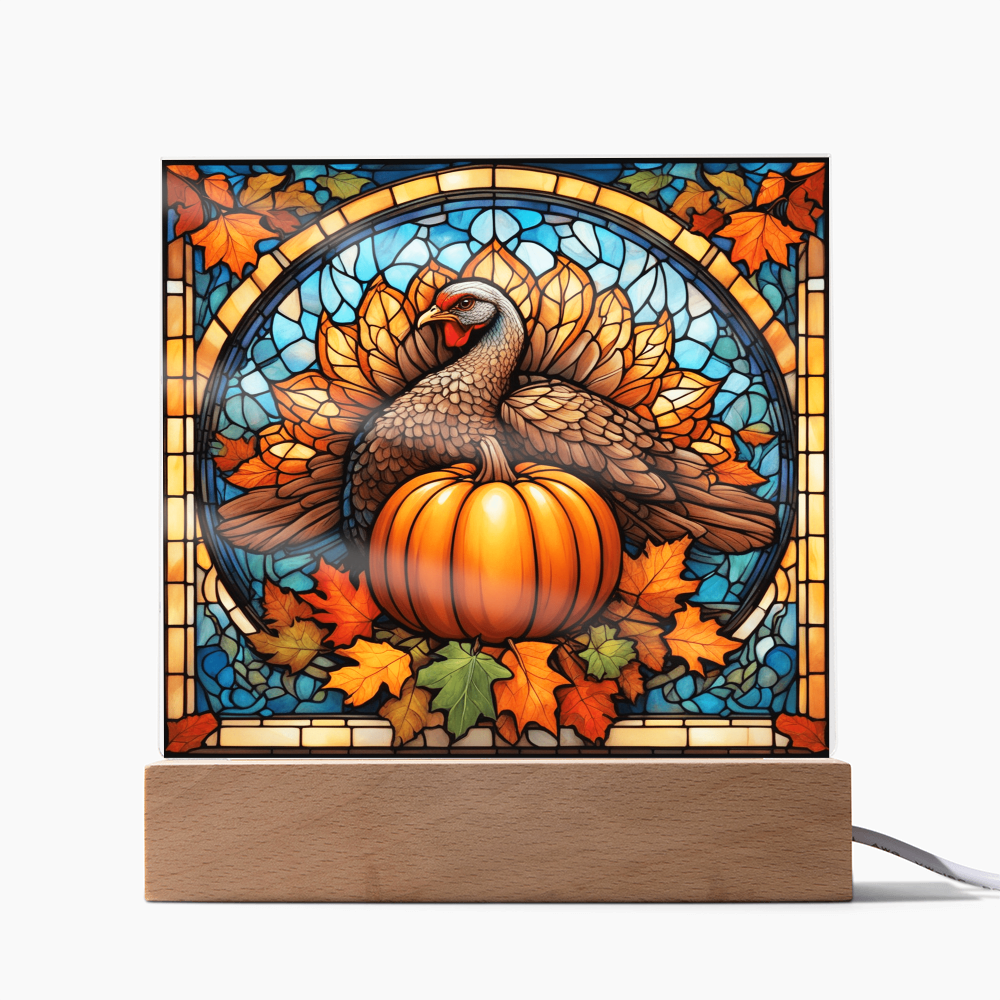Thanksgiving Stained Glass Turkey Acrylic Plaque – Elegant Fall Home Decor with LED Light Base | Autumn Window Art Inspired Gift