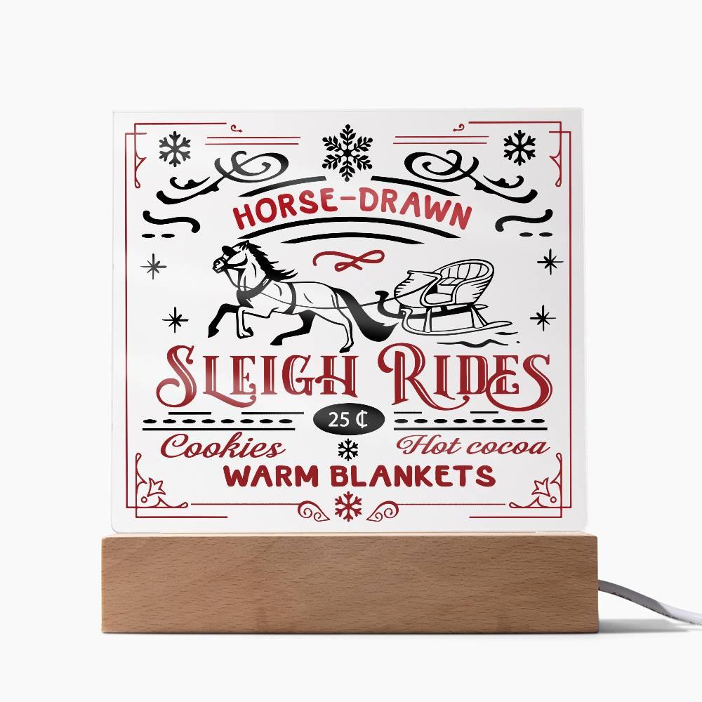 Christmas Horse Drawn Sleigh Rides Acrylic Square Plaque with LED Wooden Base - Mallard Moon Gift Shop