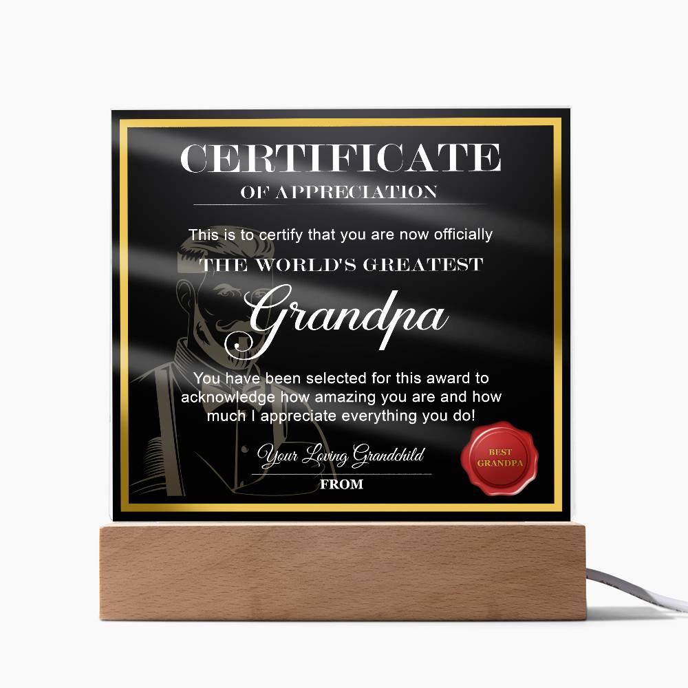 Certificate of Appreciation - The World's Greatest Grandpa Personalized Acrylic Plaque - Mallard Moon Gift Shop