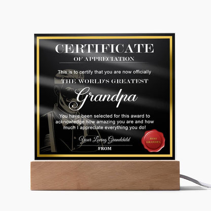 Certificate of Appreciation - The World's Greatest Grandpa Personalized Acrylic Plaque - Mallard Moon Gift Shop