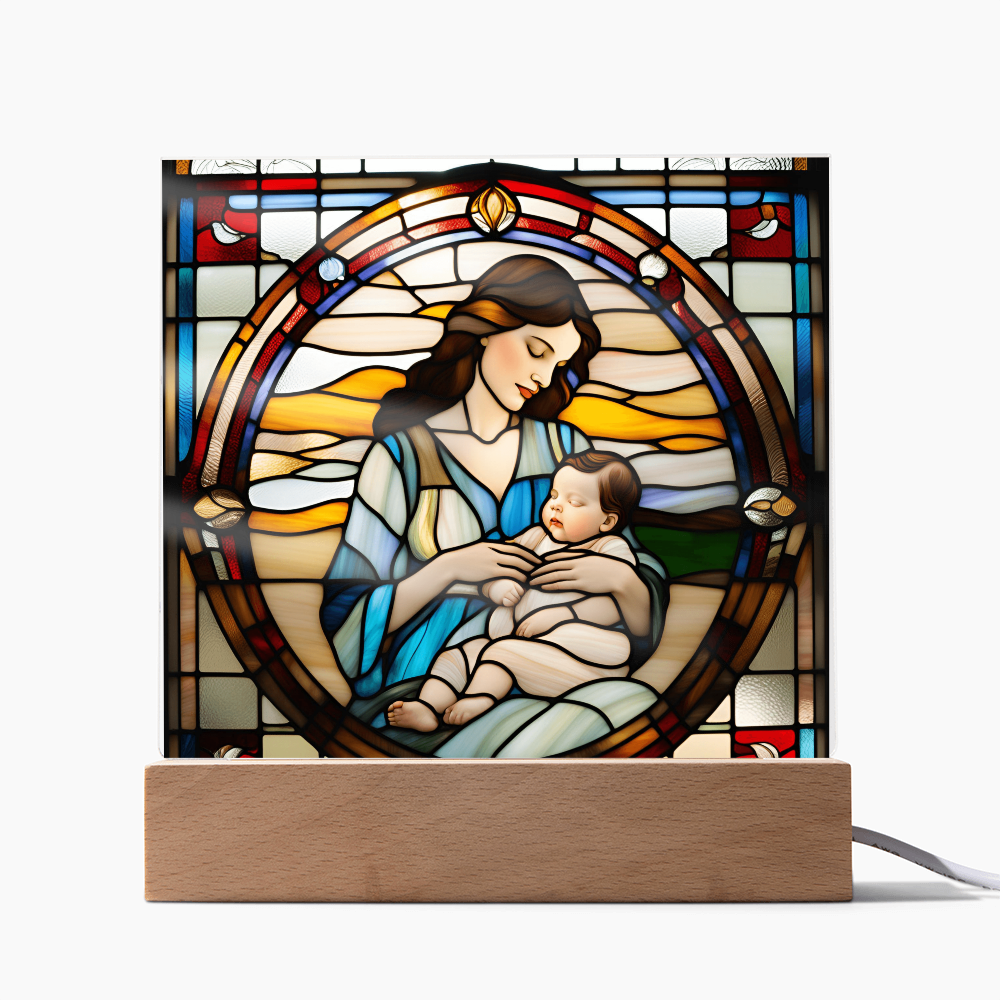 Brunette Mother and Baby - Stained Glass Style LED Acrylic Plaque – A Cherished Gift for Mother's Day or New Moms - Mallard Moon Gift Shop
