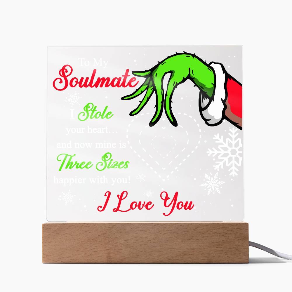 Soulmate Gift - Stole My Heart - Christmas Acrylic Plaque with Lighted LED wooden Base - Mallard Moon Gift Shop