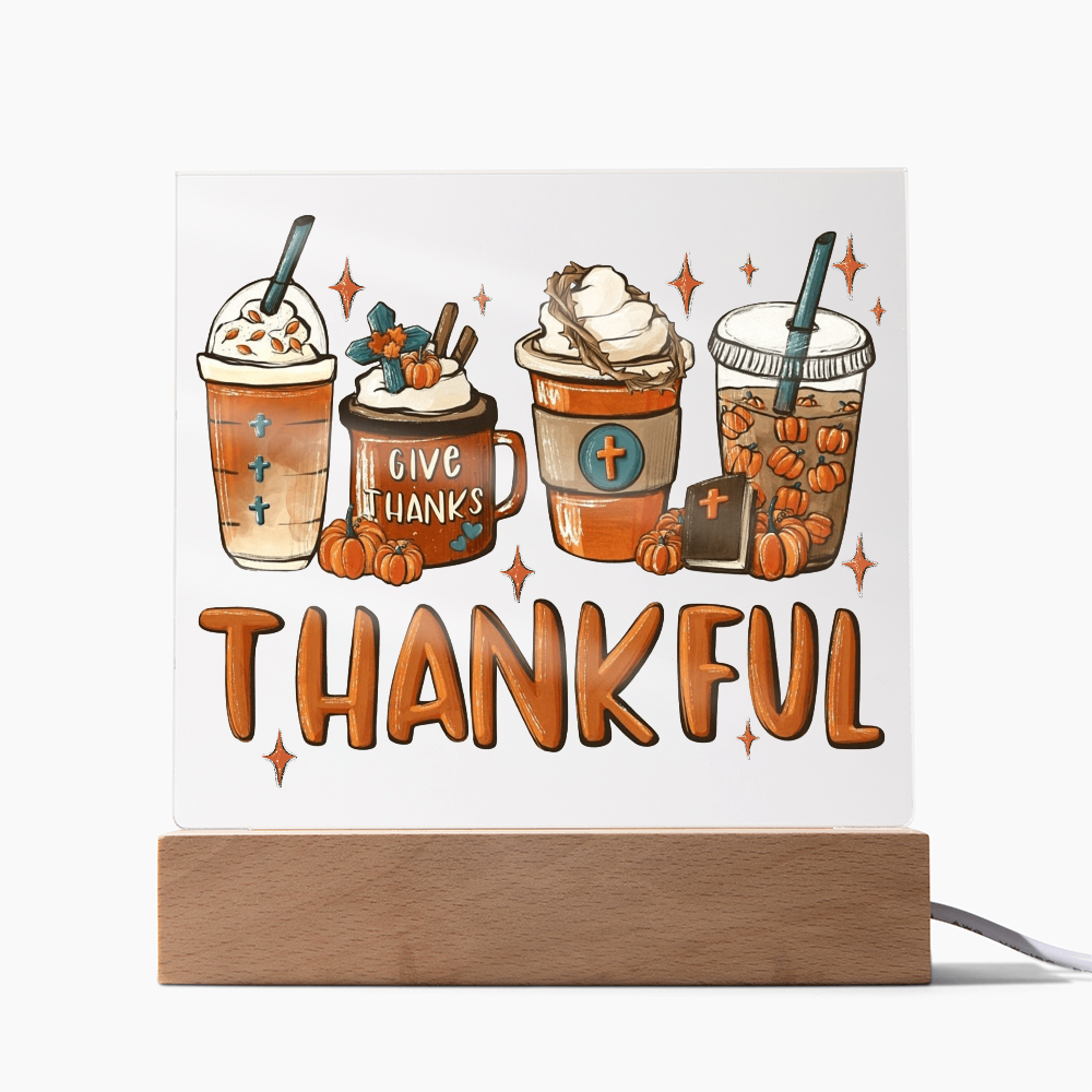 Thankful Coffee Acrylic Plaque – Cozy Fall Décor Gift for Coffee Lovers | “Give Thanks” Autumn LED Light Display