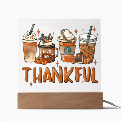 Thankful Coffee Acrylic Plaque – Cozy Fall Décor Gift for Coffee Lovers | “Give Thanks” Autumn LED Light Display