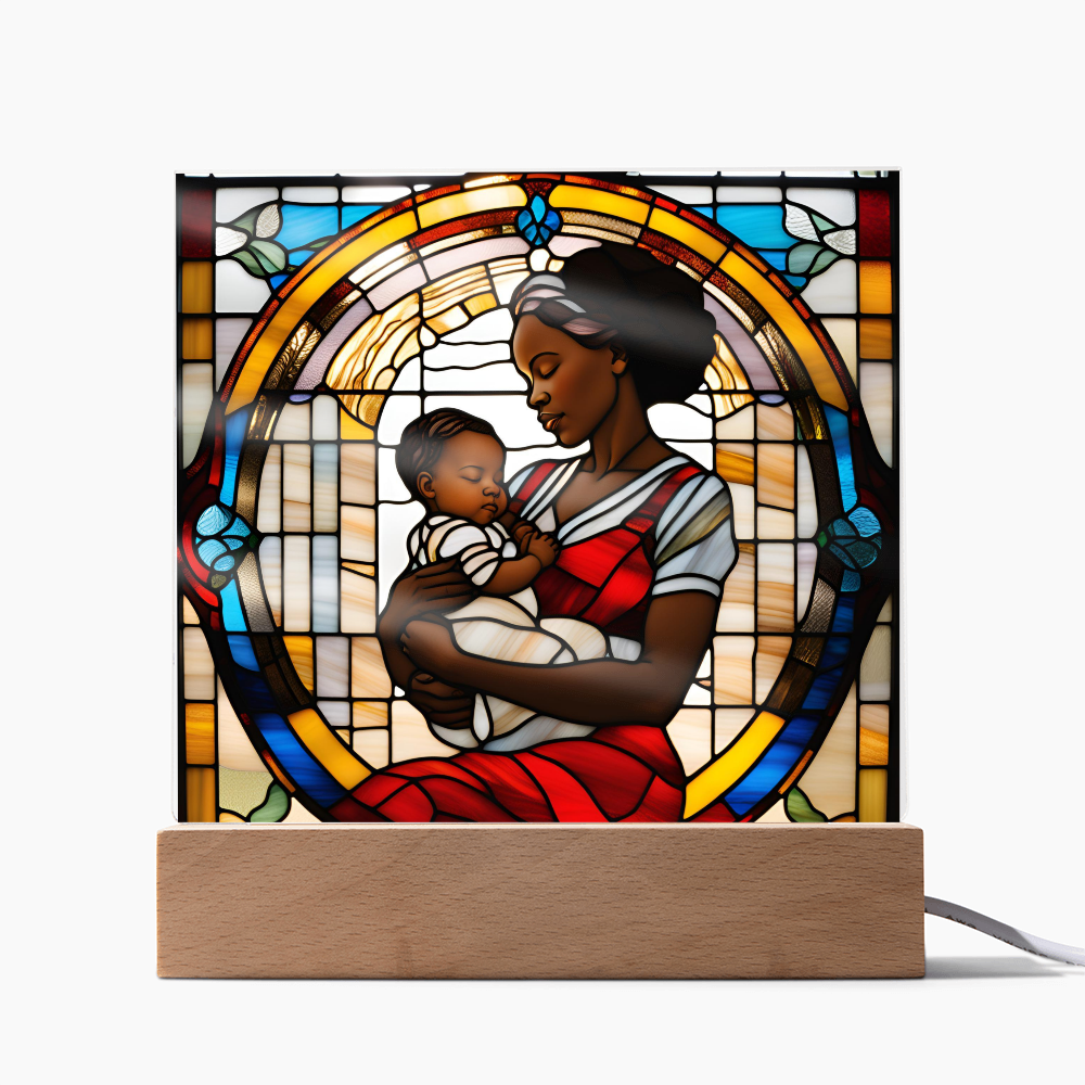Black Mother and Baby Stained Glass Style LED Acrylic Plaque – A Powerful Tribute for New Moms and Mother's Day - Mallard Moon Gift Shop