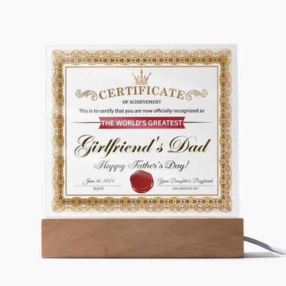 Father's Day Gift Certificate of Achievement for the World's Greatest Girlfriend's Dad Acrylic Plaque - Mallard Moon Gift Shop