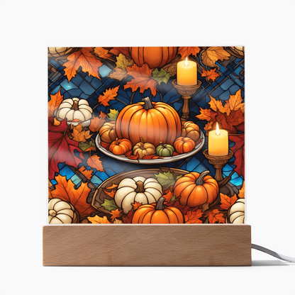 Stained Glass Pumpkin & Candle Acrylic Plaque – Thanksgiving Harvest Centerpiece | Fall Home Décor with LED Light Base