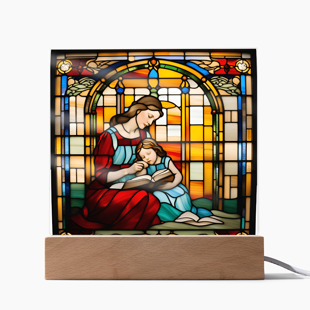 Mother and Child Reading Together Stained-Glass Style LED Acrylic Plaque – A Heartfelt Gift for Moms and Book-Loving Families - Mallard Moon Gift Shop