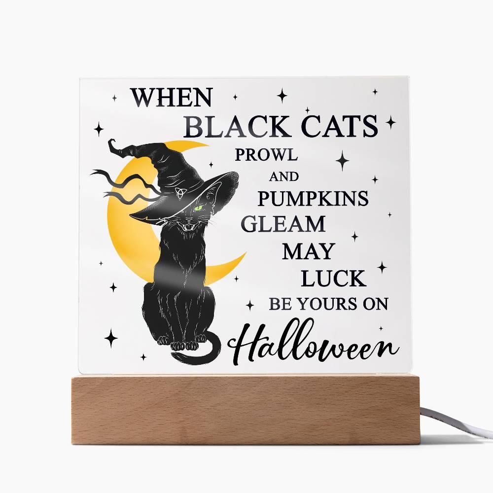 Halloween Decor - Black Cats and Pumpkins Gleam Acrylic Square Plaque with LED Wooden Base - Mallard Moon Gift Shop