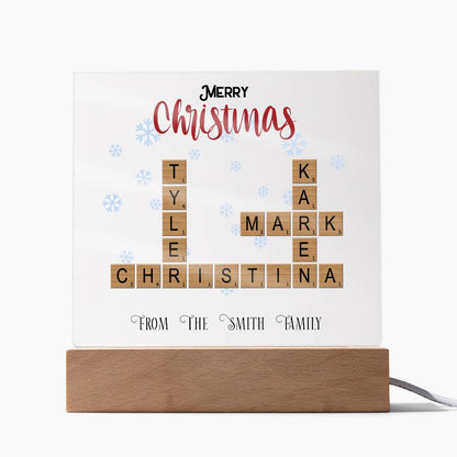 Personalized Crossword Puzzle Merry Christmas Acrylic Plaque with Lighted LED Wooden Base - Mallard Moon Gift Shop