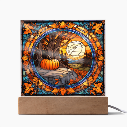 Stained Glass Autumn Pumpkin Sunset Acrylic Plaque – Fall Harvest Home Decor with LED Light Base | Thanksgiving Window Art Accent