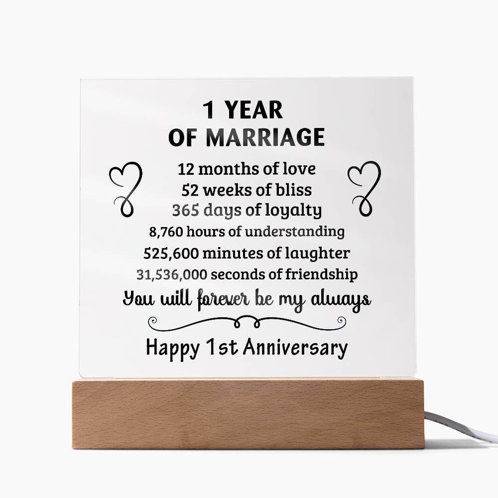Anniversary Gift - One Year Of Marriage Acrylic Square Plaque with LED Wooden Base - Mallard Moon Gift Shop
