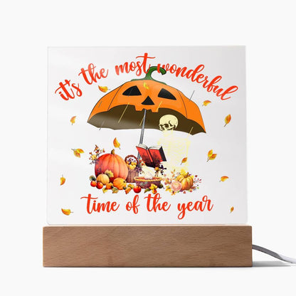 Halloween Decor - Most Wonderful Time of The Year Acrylic Square Plaque with LED Wooden Base - Mallard Moon Gift Shop