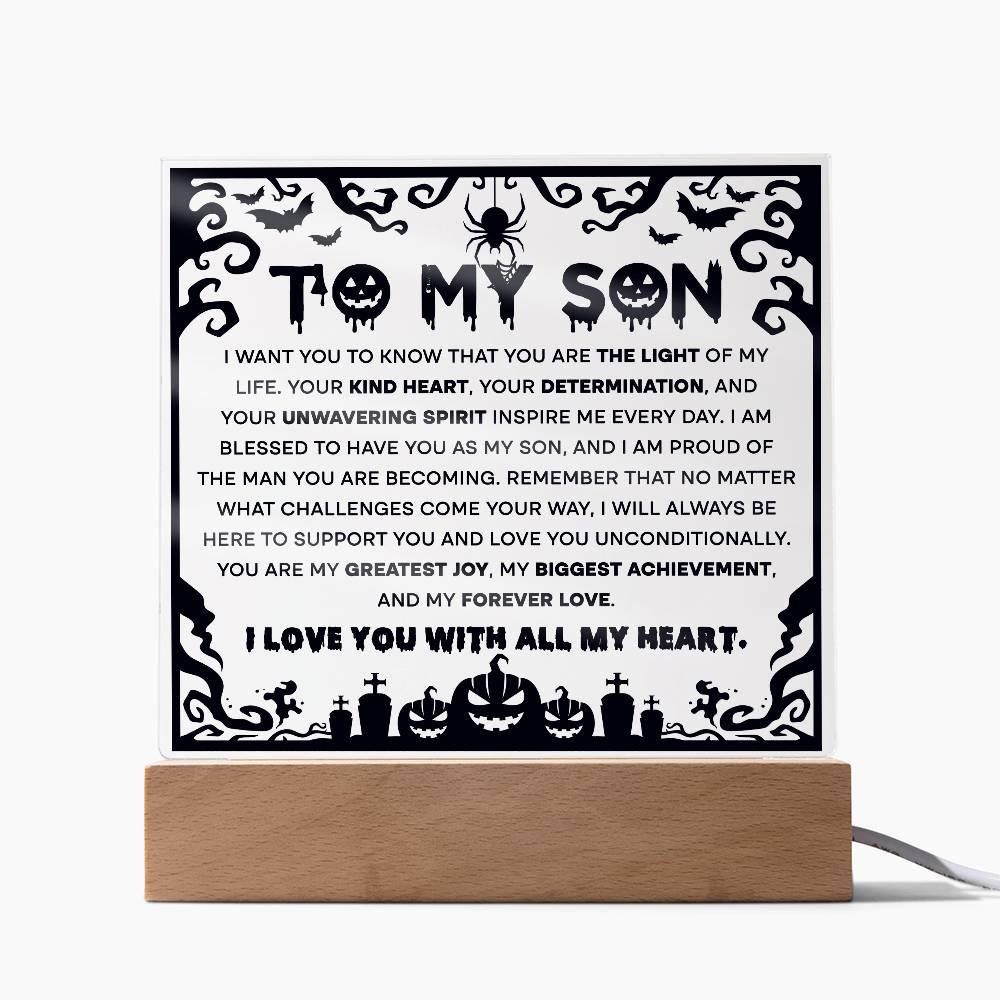 Son - Proudest Achievement - Halloween Acrylic Square Plaque with LED Wooden Base - Mallard Moon Gift Shop