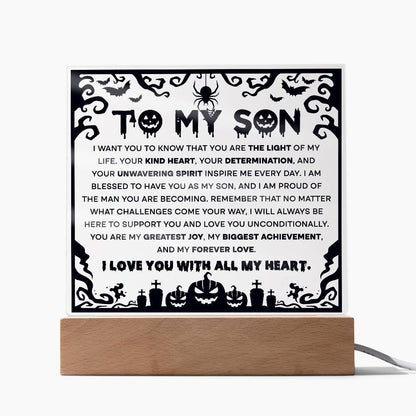Son - Proudest Achievement - Halloween Acrylic Square Plaque with LED Wooden Base - Mallard Moon Gift Shop