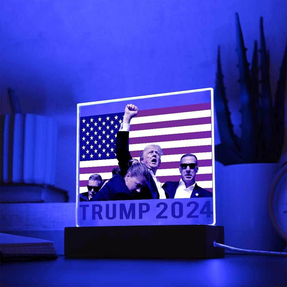Trump 2024 Butler Rally Acrylic Plaque with LED Lighted Wooden Base - Mallard Moon Gift Shop