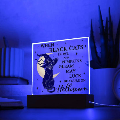 Halloween Decor - Black Cats and Pumpkins Gleam Acrylic Square Plaque with LED Wooden Base - Mallard Moon Gift Shop