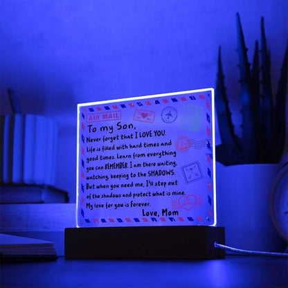 Letter To My Son, Love, Mom Acrylic Square Plaque with LED Wooden Base - Mallard Moon Gift Shop