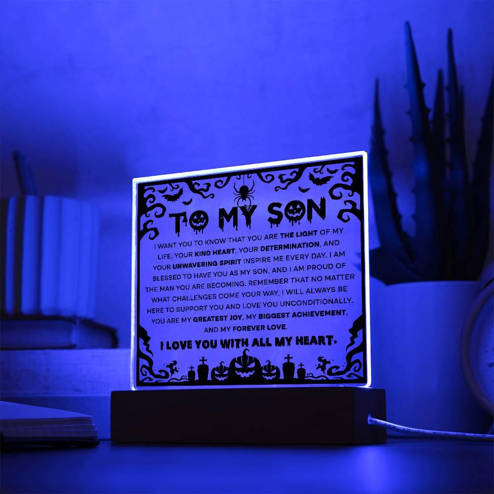 Son - Proudest Achievement - Halloween Acrylic Square Plaque with LED Wooden Base - Mallard Moon Gift Shop