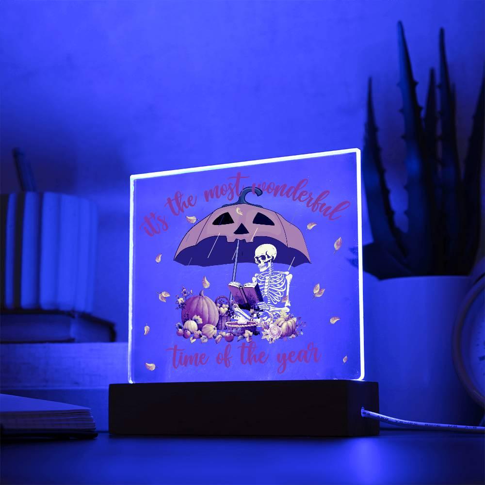 Halloween Decor - Most Wonderful Time of The Year Acrylic Square Plaque with LED Wooden Base - Mallard Moon Gift Shop