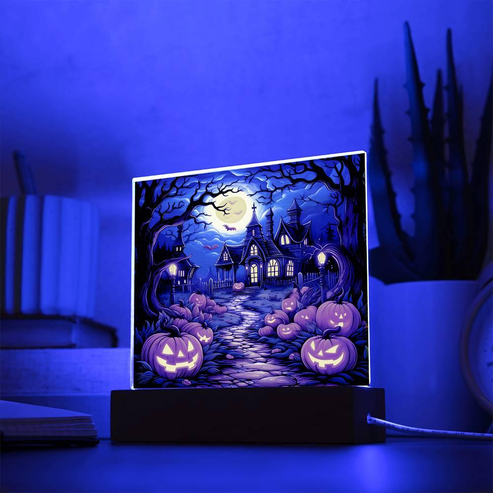Halloween Decor Haunted Mansion Acrylic Square Plaque with LED Wooden Base - Mallard Moon Gift Shop
