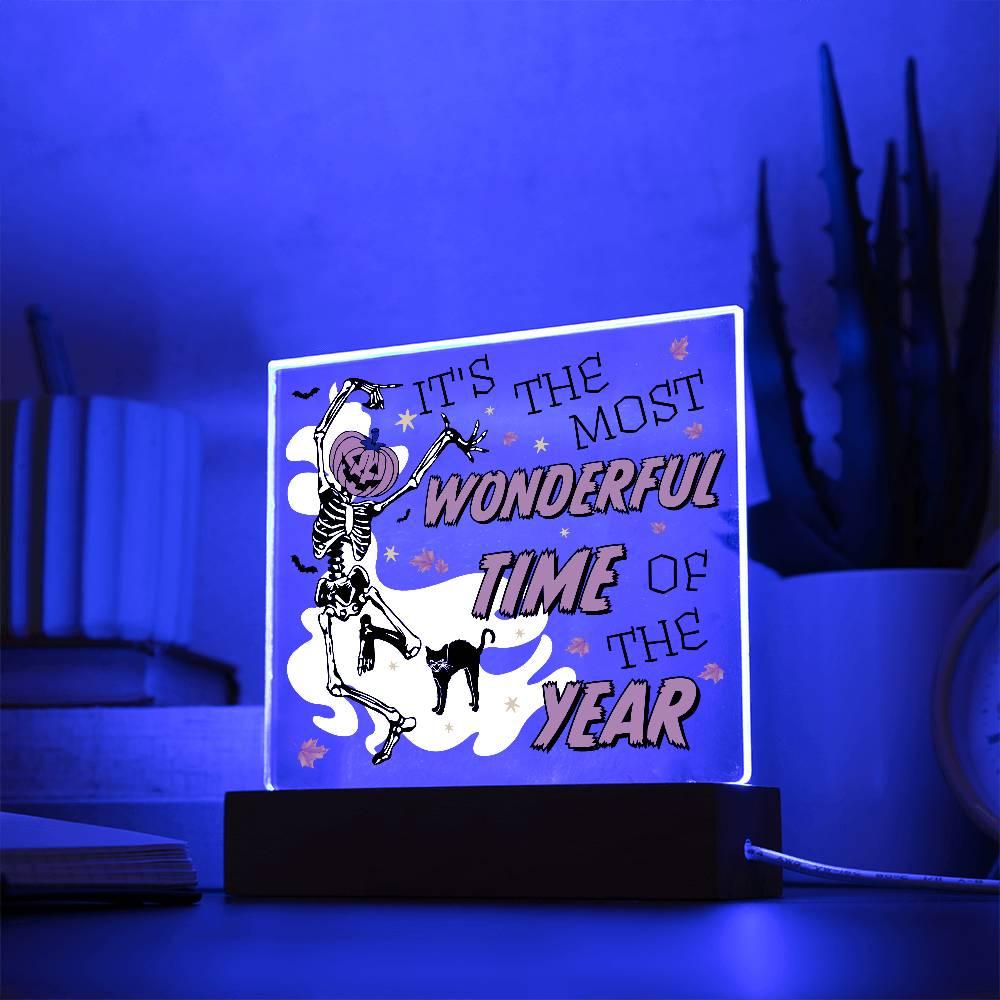 Halloween Decor - The Most Wonderful Time of the Year Acrylic Square Plaque with LED Wooden Base - Mallard Moon Gift Shop