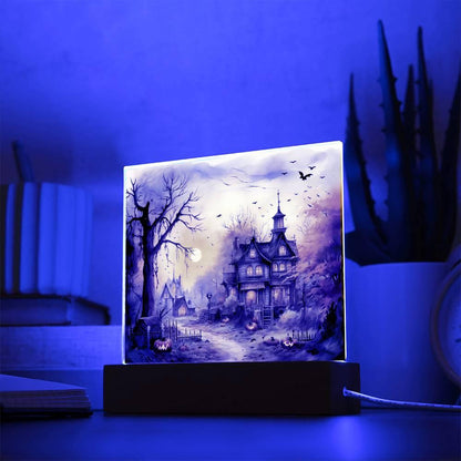 Spectral Spire: Spooky Halloween Mansion Acrylic Square Plaque with LED Lighted Wooden Base - Mallard Moon Gift Shop