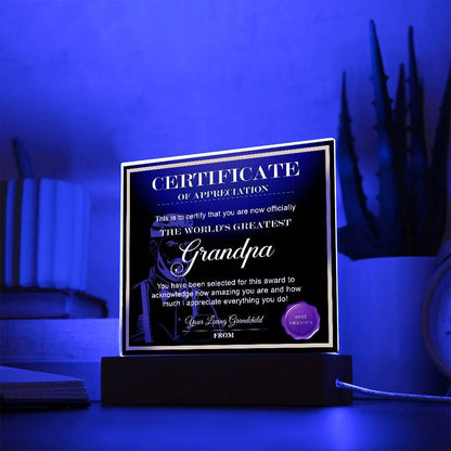 Certificate of Appreciation - The World's Greatest Grandpa Personalized Acrylic Plaque - Mallard Moon Gift Shop