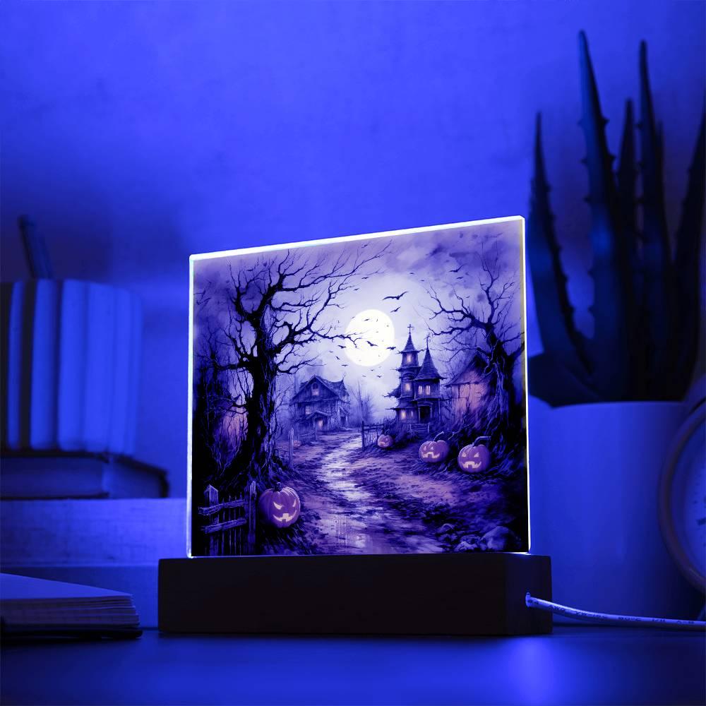 Shadowy Stronghold: Unique Mansion Halloween Acrylic Lighted Plaque - Mallard Moon Gift Shop