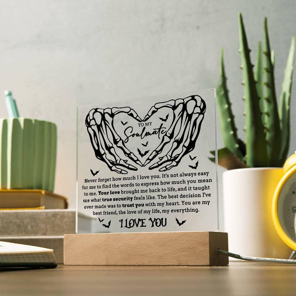 Soulmate - True Security - Halloween Acrylic Square Plaque with LED Lighted Wooden Base - Mallard Moon Gift Shop