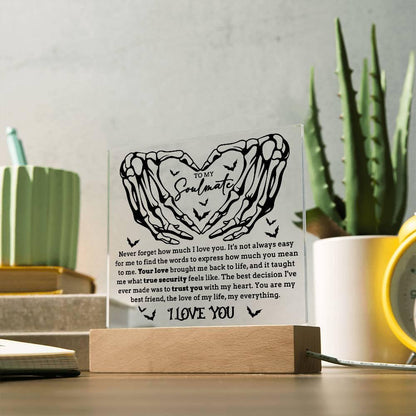 Soulmate - True Security - Halloween Acrylic Square Plaque with LED Lighted Wooden Base - Mallard Moon Gift Shop