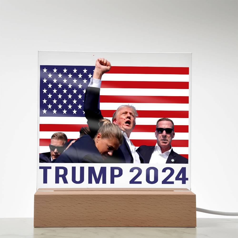 Trump 2024 Butler Rally Acrylic Plaque with LED Lighted Wooden Base - Mallard Moon Gift Shop