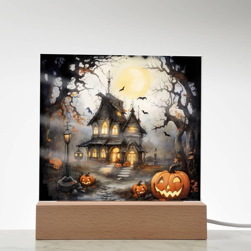 Chilling Manor: Haunted Halloween Mansion Acrylic Square Plaque with LED Lighted Wooden Base - Mallard Moon Gift Shop