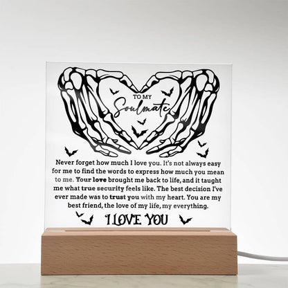 Soulmate - True Security - Halloween Acrylic Square Plaque with LED Lighted Wooden Base - Mallard Moon Gift Shop