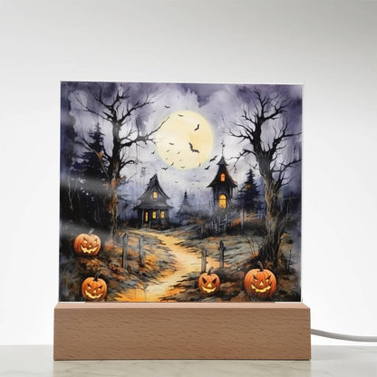 Halloween Haunt: Detailed Mansion Acrylic Plaque with LED Lighted Wooden Base - Mallard Moon Gift Shop