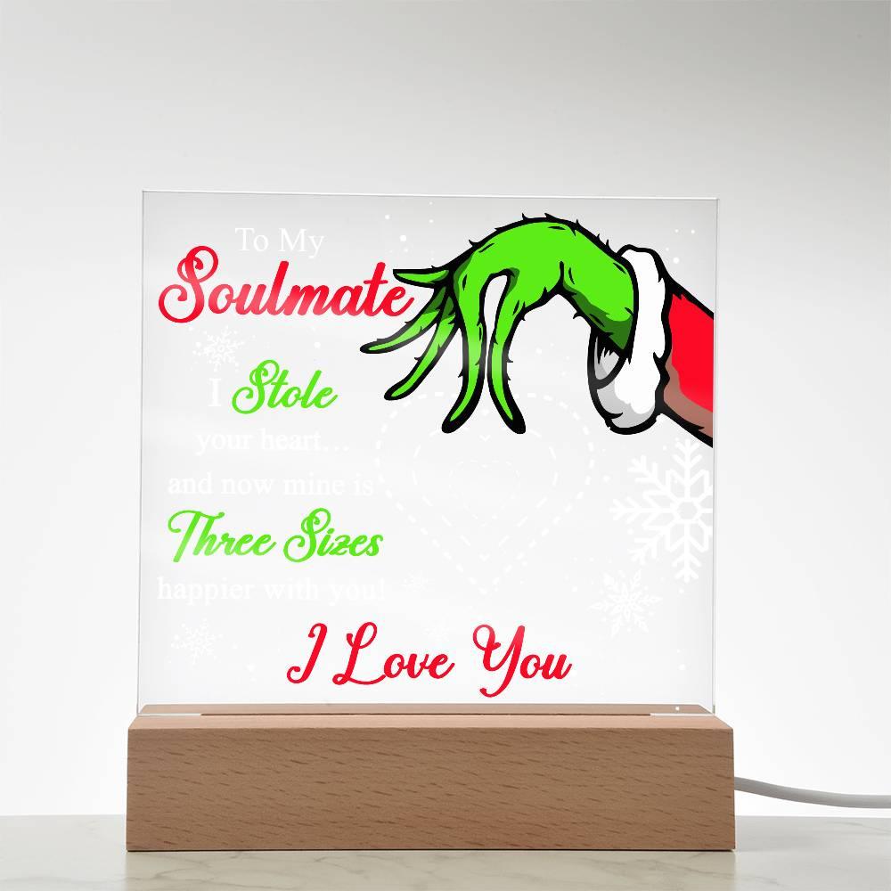 Soulmate Gift - Stole My Heart - Christmas Acrylic Plaque with Lighted LED wooden Base - Mallard Moon Gift Shop