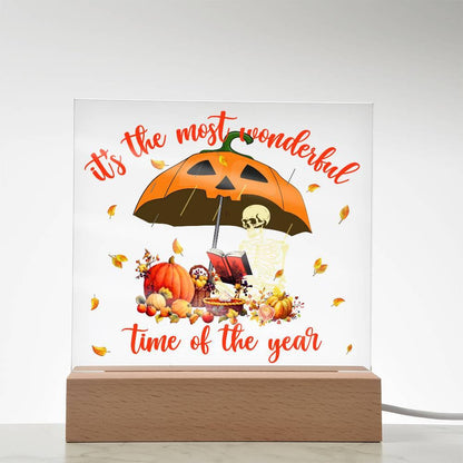 Halloween Decor - Most Wonderful Time of The Year Acrylic Square Plaque with LED Wooden Base - Mallard Moon Gift Shop