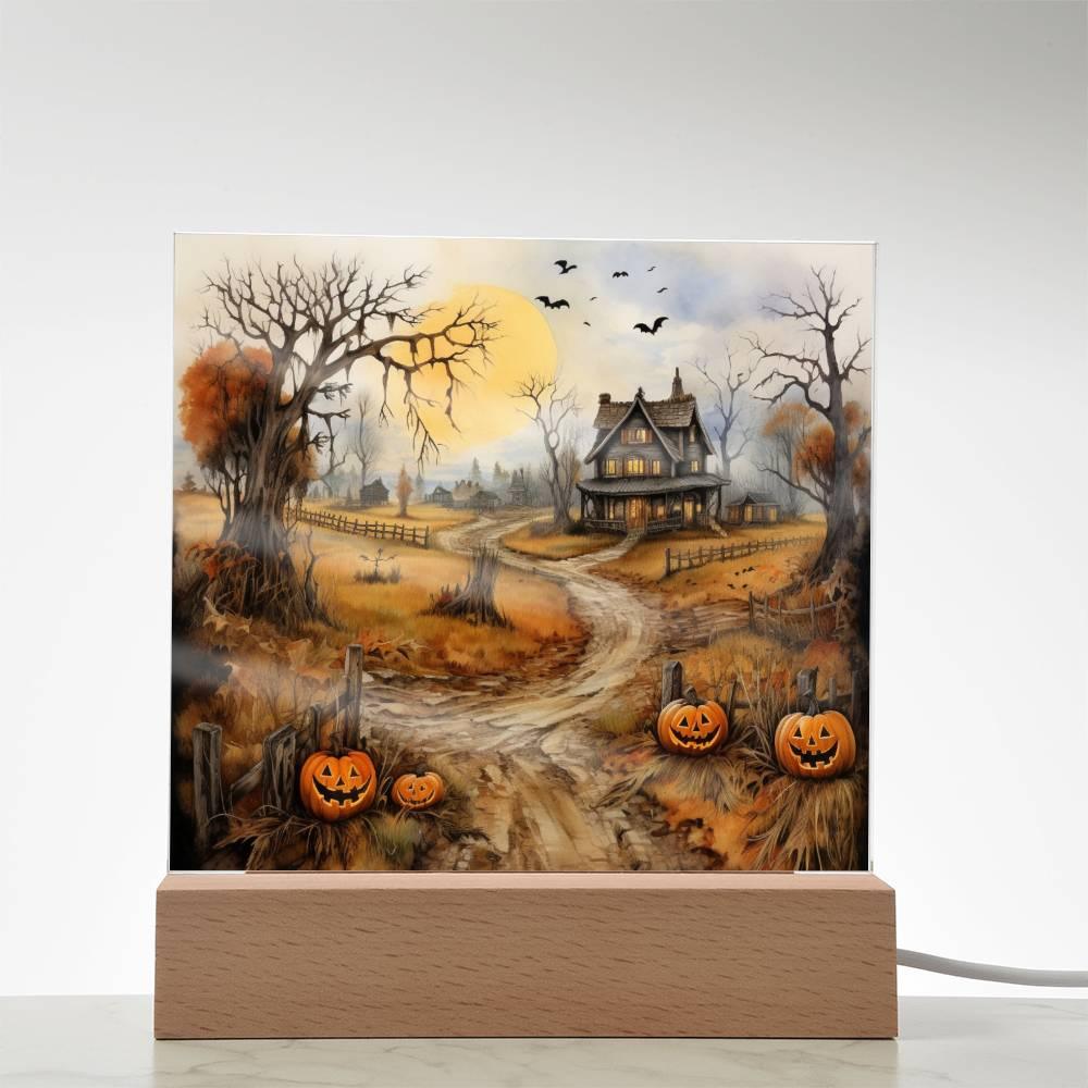 Haunted Elegance: Spooky Halloween Mansion Acrylic Square Plaque with LED Lighted Wooden Base - Mallard Moon Gift Shop