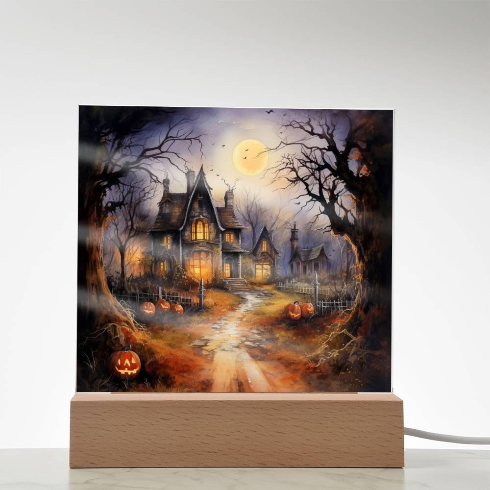 Ghostly Manor: Halloween Acrylic Square Plaque with LED Lighted Wooden Base - Mallard Moon Gift Shop