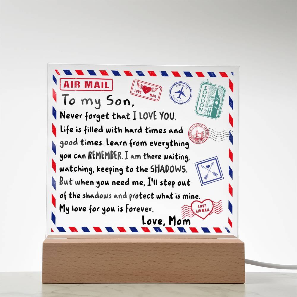 Letter To My Son, Love, Mom Acrylic Square Plaque with LED Wooden Base - Mallard Moon Gift Shop