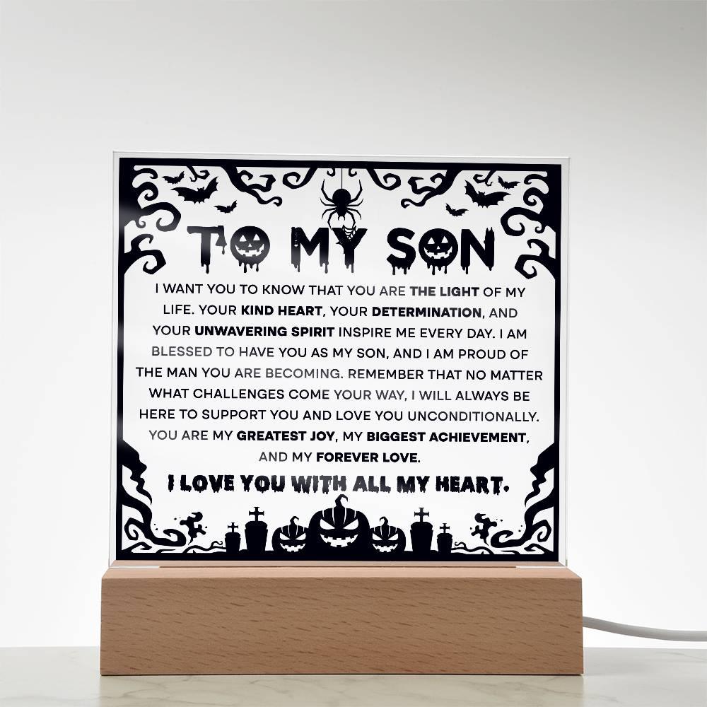 Son - Proudest Achievement - Halloween Acrylic Square Plaque with LED Wooden Base - Mallard Moon Gift Shop