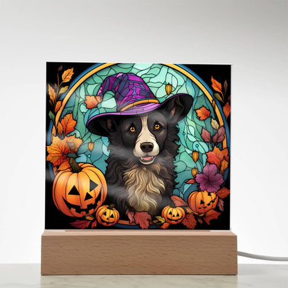 Dog Halloween Portrait Stained Glass Acrylic Plaque with LED Lighted Wooden Base - Mallard Moon Gift Shop